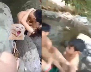 O grupo de jovens se foda ao longo do riacho